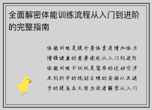 全面解密体能训练流程从入门到进阶的完整指南