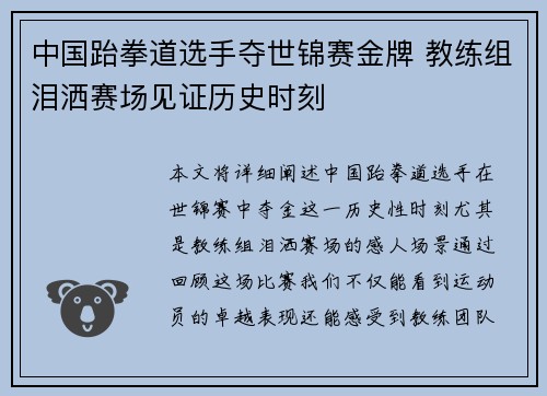 中国跆拳道选手夺世锦赛金牌 教练组泪洒赛场见证历史时刻